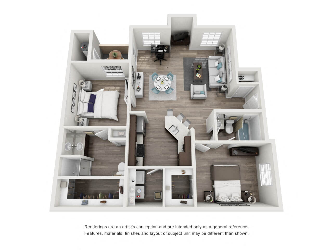 Floor plan for 2 beds, 2 baths, 1030 sqft